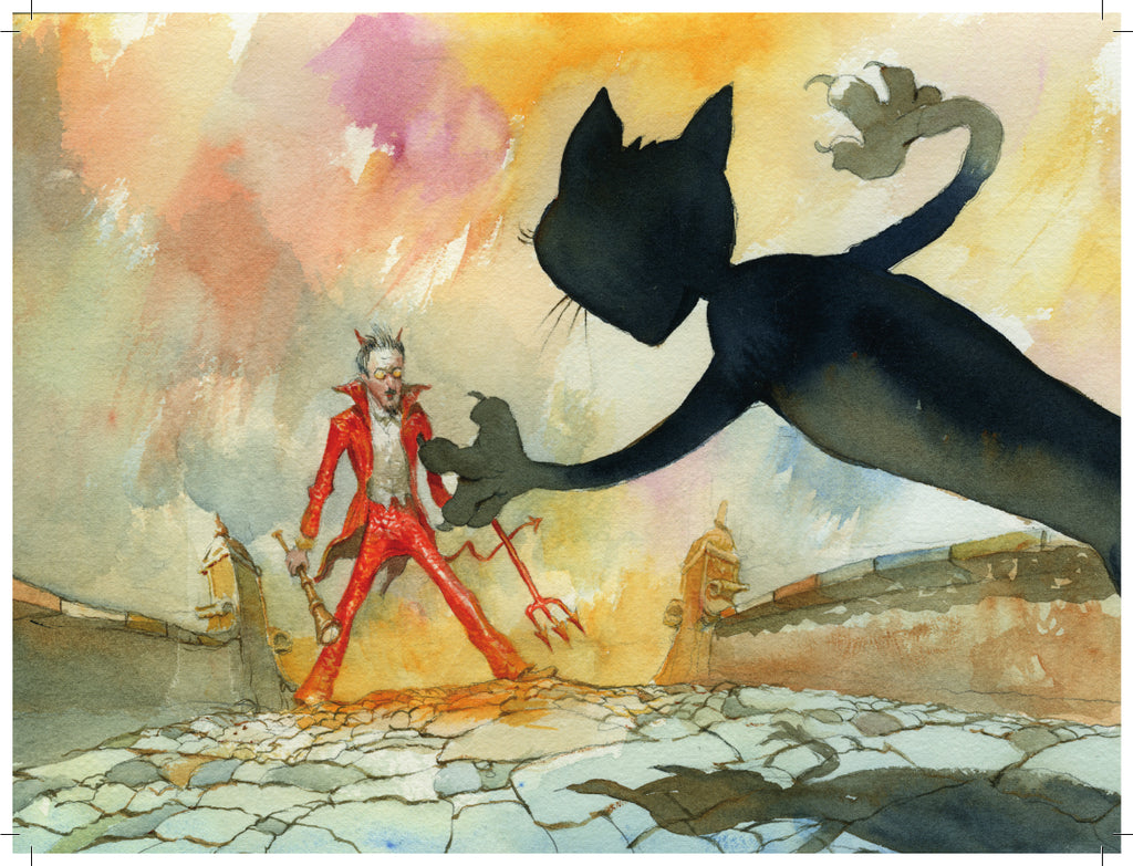 Illustration of the cat leaping out at the devil on the bridge by Lelis