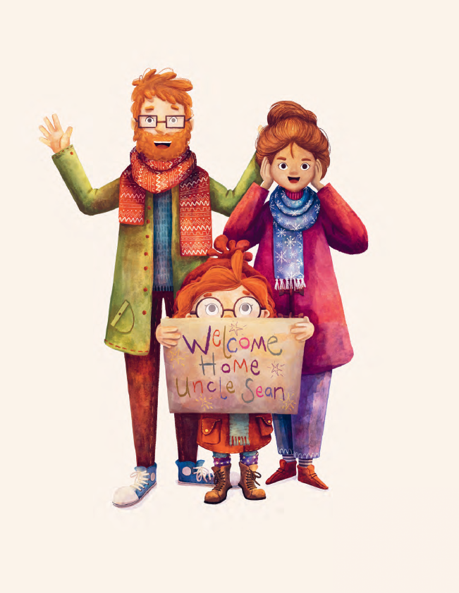 Illustration by Shannon Bergin of Evie and her parents waiting for Uncle Sean at the airport